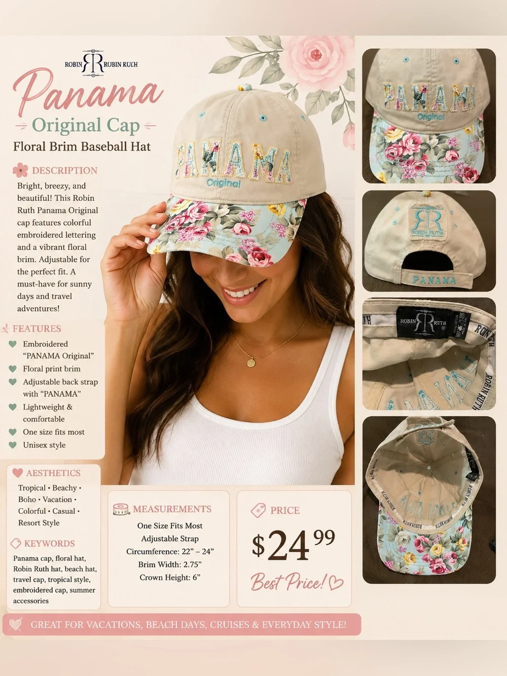 Robin Ruth Beige Baseball Cap with Floral Brim